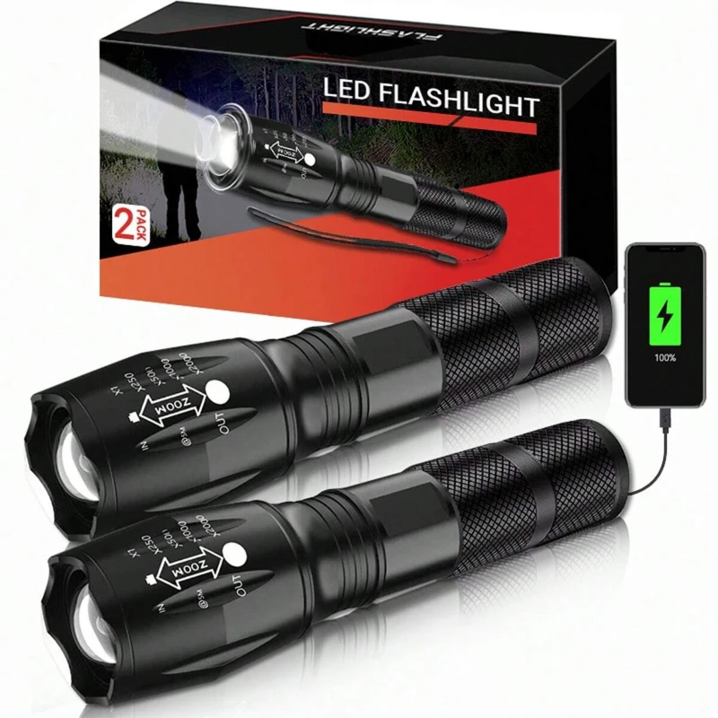 2 bucăți Reîncărcabilă Lanterna LED-uri, cu Zoom Lanterne Portabile Portabile Lanterne cu 4 Moduri,rezistent la apa