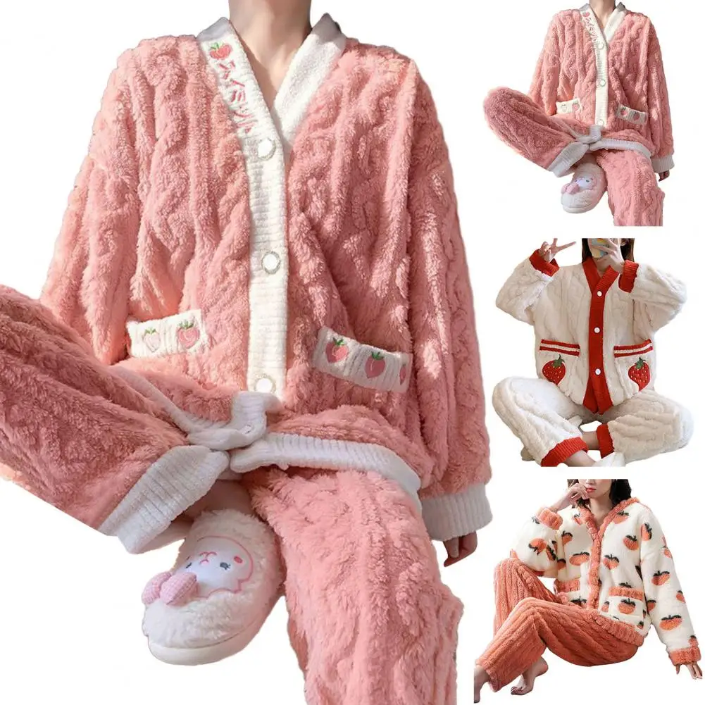 Vrac se Potrivi Set Pijama Cald Confortabil de Iarna pentru Femei Pijama Set de Desene animate de Fructe de Imprimare Îngroșat Coral Fleece Single-breasted V Gâtului